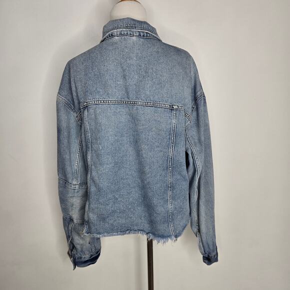 Free People Grunge Distressed Cropped Denim Trucker Jacket Raw Hem Women Largeg - Picture 3 of 13